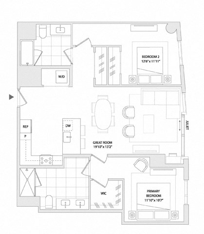 Floor plan for 2 beds, 2 baths, 1155 sqft